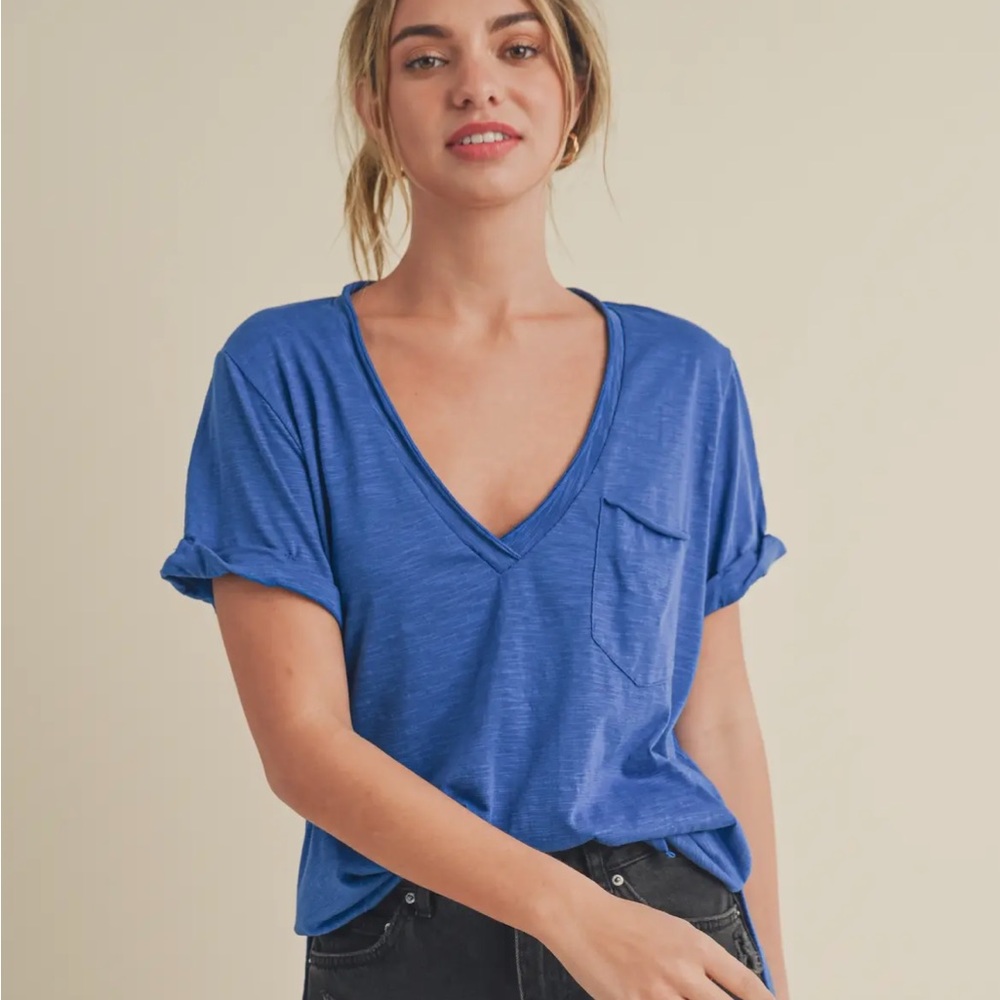 AEMI + Co. Zoie V-Neck Short Sleeve Top in Colbalt Blue